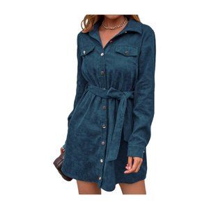 NWOT Shein Womens Large Blue Corduroy Belted Shirt Dress